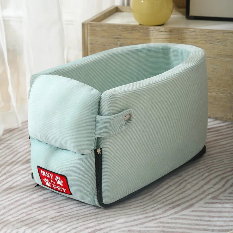 Durable small dog car console carrier, built for pet safety and comfortable car rides.