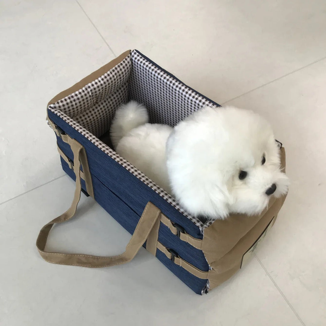 Blue small dog car seat carrier, a portable car crate for secure and cozy pet travel.