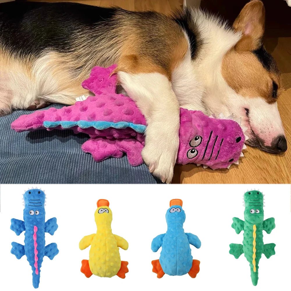Small dog enthusiastically chewing a durable, squeaky plush toy, designed for dental health.