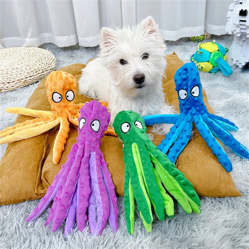 Medium dog playing with an interactive squeaky plush chew toy, perfect for daily exercise.