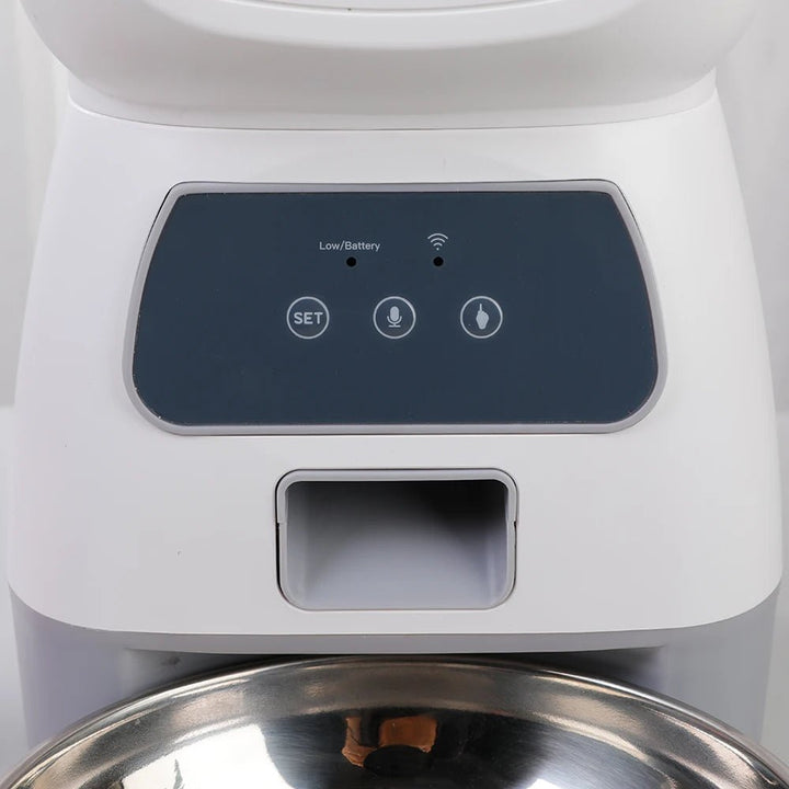 Smart pet feeder with app control, voice recording, and programmable timer for cats and dogs.