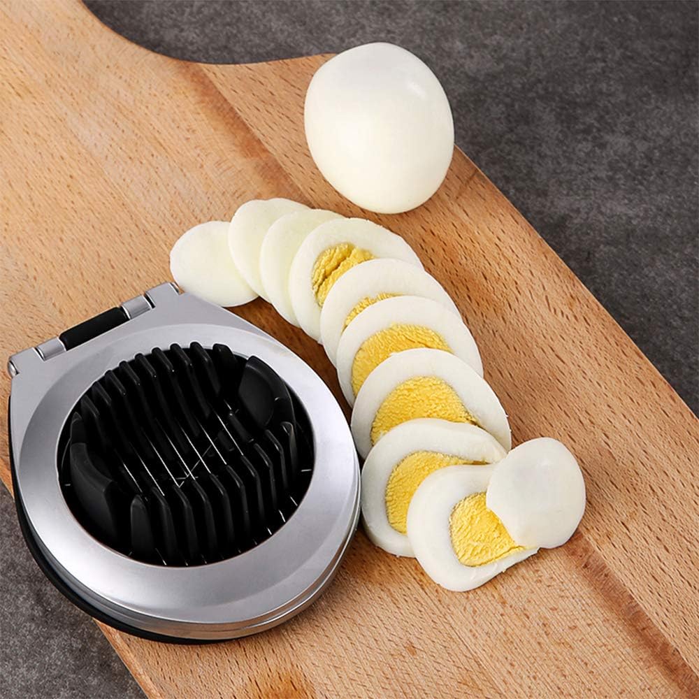 Versatile 3-in-1 egg slicer. Durable stainless steel design, great for eggs & soft fruits.