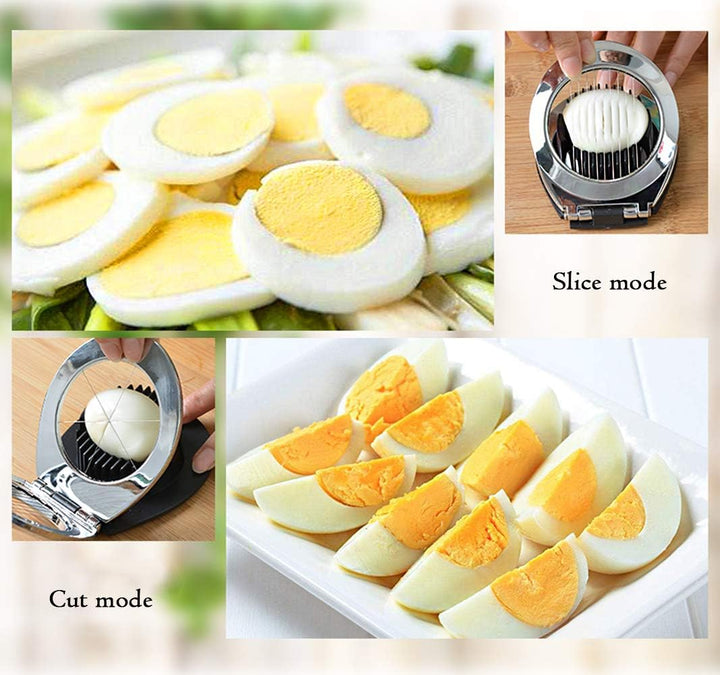 Compact egg slicer in stainless steel. 3-in-1 design for various slicing styles. An essential kitchen tool.