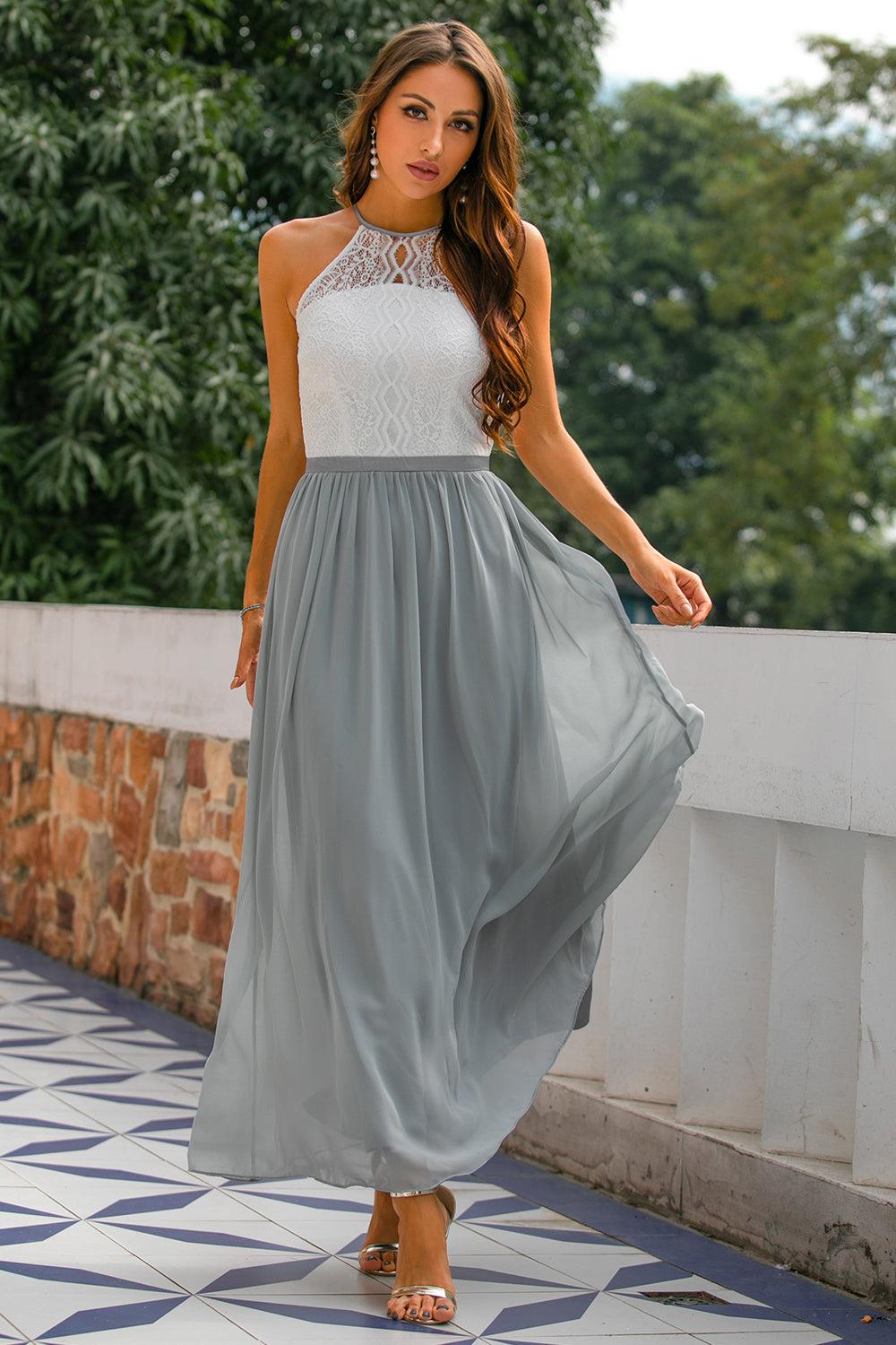 Elegant women's halter wedding guest maxi dress. Perfect for special occasions & formal events.