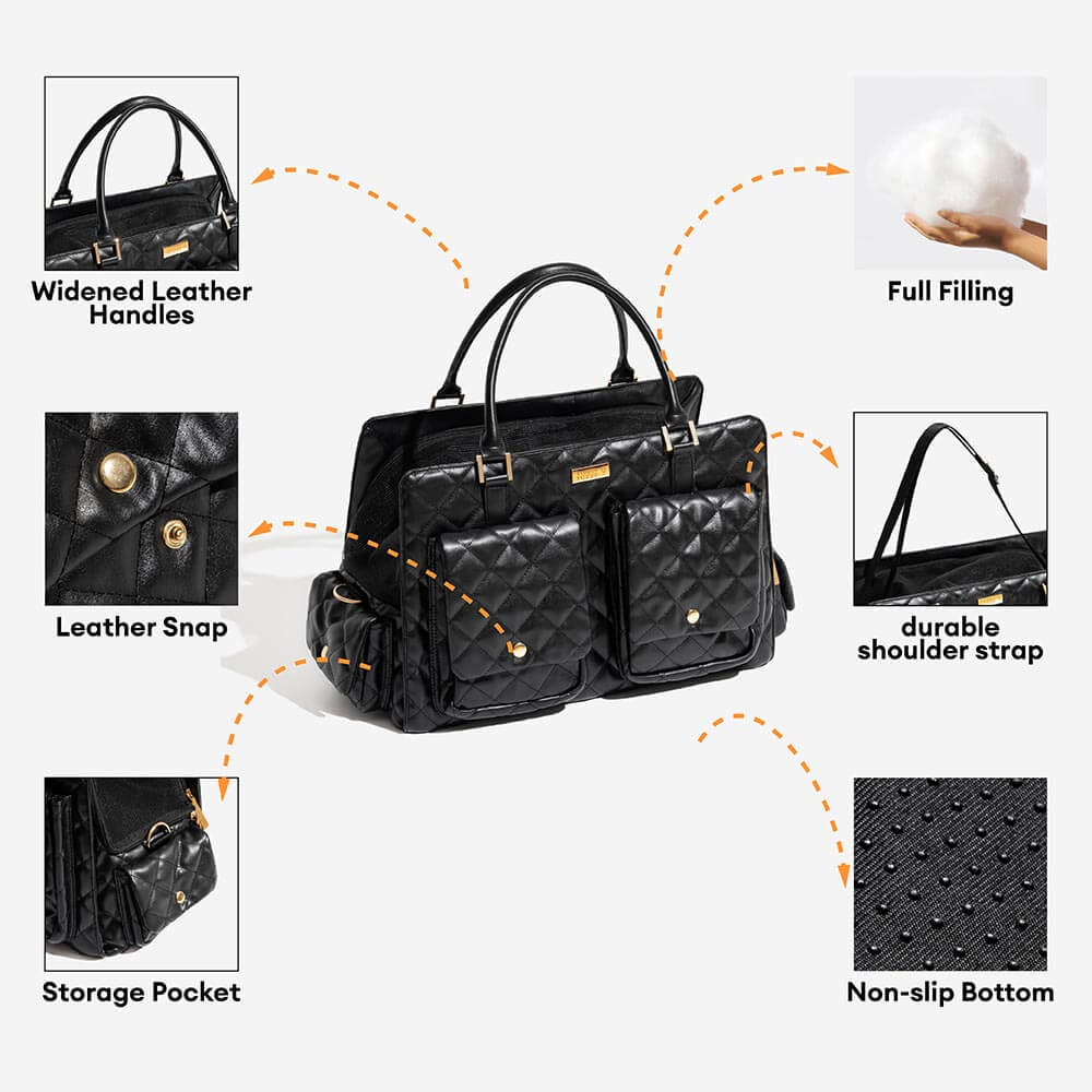 Cat travel bag in black, with soft top handle and shoulder strap for easy carrying.