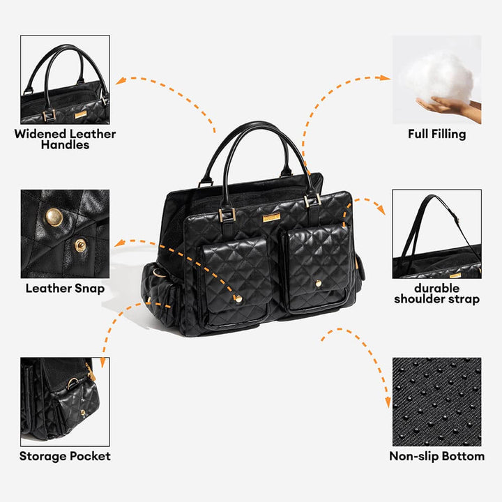 Cat travel bag in black, with soft top handle and shoulder strap for easy carrying.