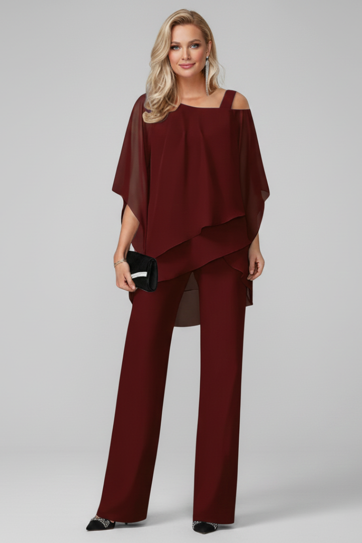 Trendy women's off-shoulder top & straight-leg pants set. A modern two-piece outfit for stylish summer wear.