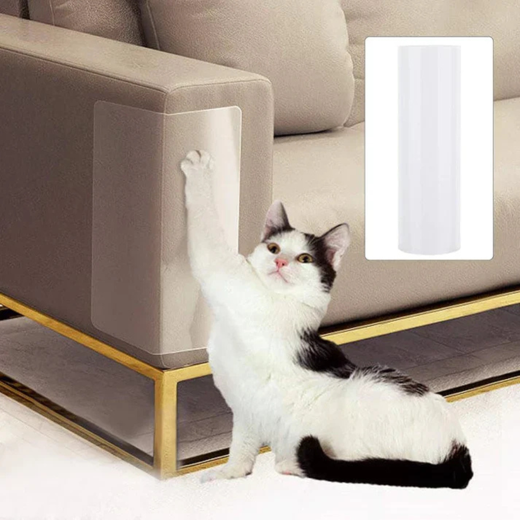 Transparent self-adhesive furniture scratch protector film on a sofa, protecting upholstery from cat claws.
