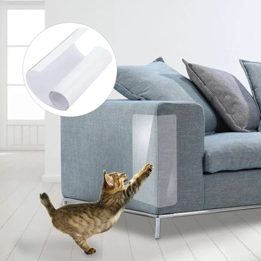 Close-up of clear cat furniture guard film applied to a fabric chair, showing its discreet scratch deterrent.