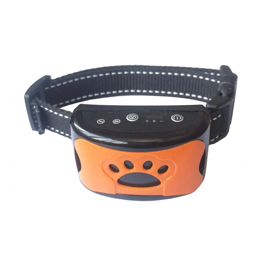 A graphic demonstrating how the vibration collar works to humanely control dog barking for training.