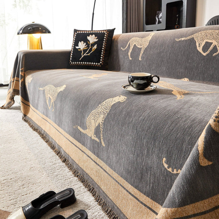 Cheetah print couch protector for sofas, anti-pilling and pet-friendly home decor.
