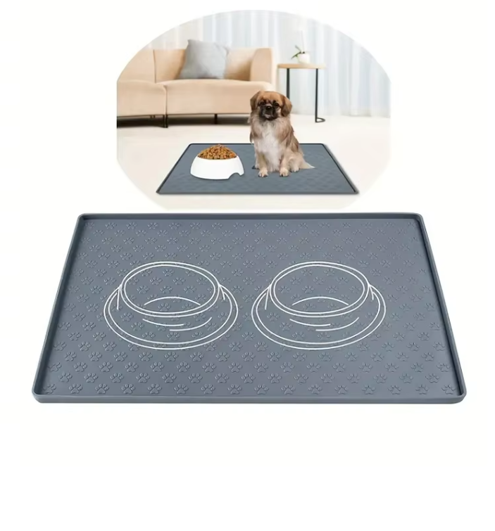 Unisex black silicone pet feeding mat with two stainless steel bowls for dogs and cats