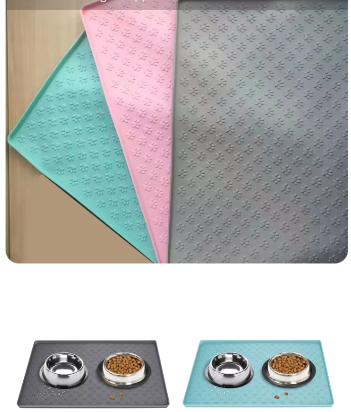 Modern pet feeding station: silicone mat and two stainless steel bowls for food and water