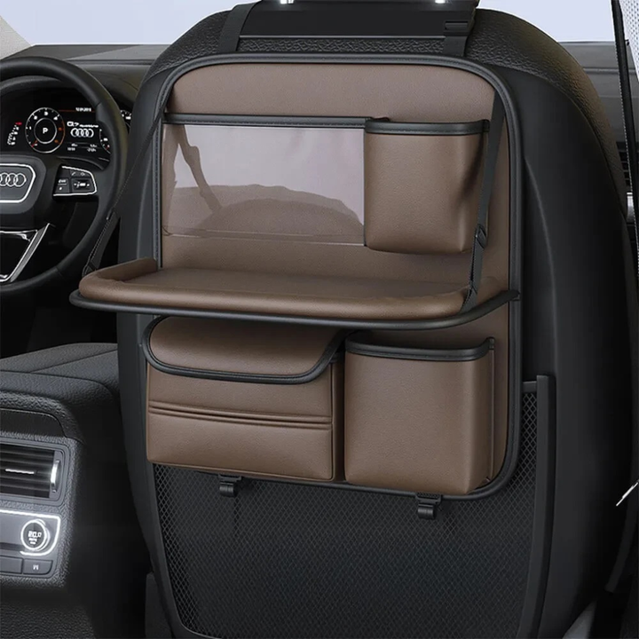 Detailed view of car seat back organizer showing multiple pockets and closed foldable tray for auto interior