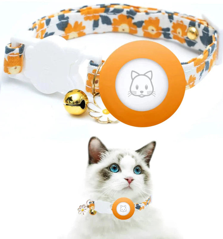 Unisex cat tracker collar with breakaway safety, AirTag holder, and bell, adjustable nylon for pet safety.