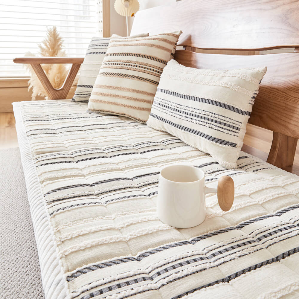 Soft chenille striped couch cover, non-slip design for furniture protection, washable and pet friendly