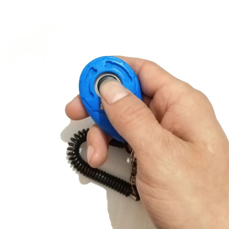 Dog behavior modification clicker with wrist spiral and snap hook for trainers