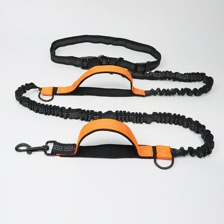 Pet owner using the hands-free dog leash while on a bike ride, promoting pet and owner safety.
