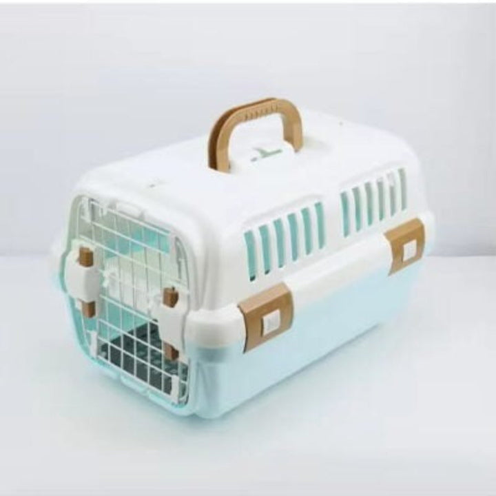 Unisex lockable breathable pet carrier for cats or small animals, gray, with top handle and ventilation holes.