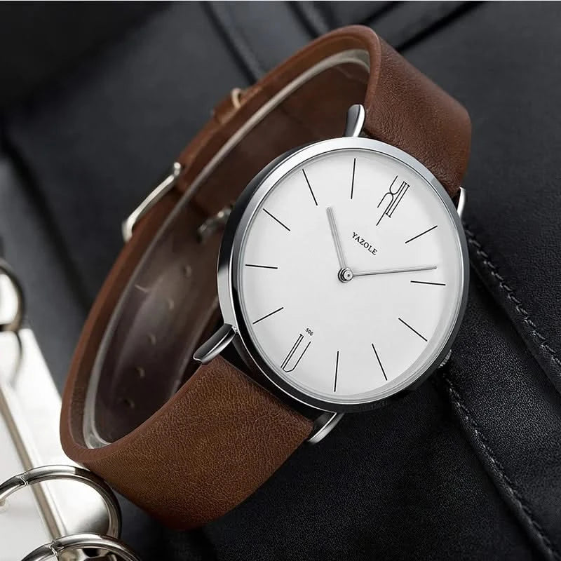 Stylish minimalist watch with a durable stainless steel case and a genuine leather band. Perfect for everyday wear.