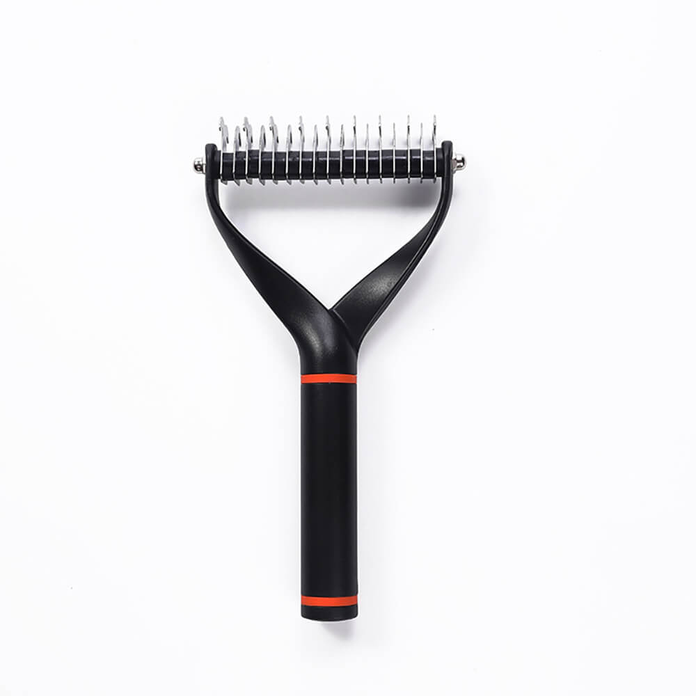 Display of the Pet Dematting Comb's double-sided functionality for versatile pet grooming and detangling.