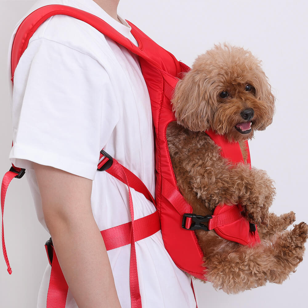 Side view of modern dog carrier backpack, highlighting durable oxford fabric and ventilation.