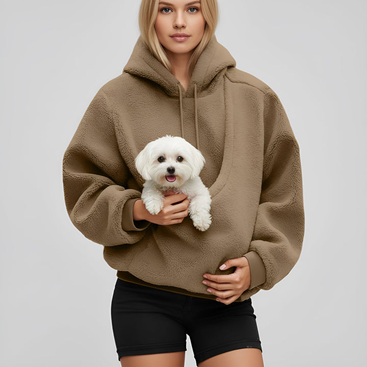 Unisex pet pouch hoodie in grey, cozy fleece pullover for carrying small pets comfortably in winter.