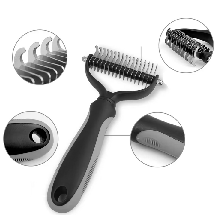 Ergonomic undercoat grooming brush for pets, ensuring comfortable use for both dog and cat owners.