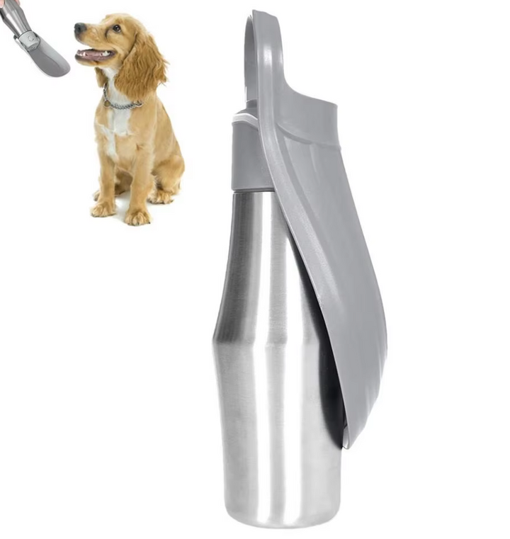 Travel-friendly stainless steel dog water bottle with built-in bowl, a must-have dog accessory.
