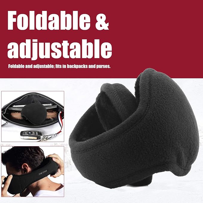 Black fleece ear warmers. Unisex, thermal, and foldable, ideal for winter outdoor activities.