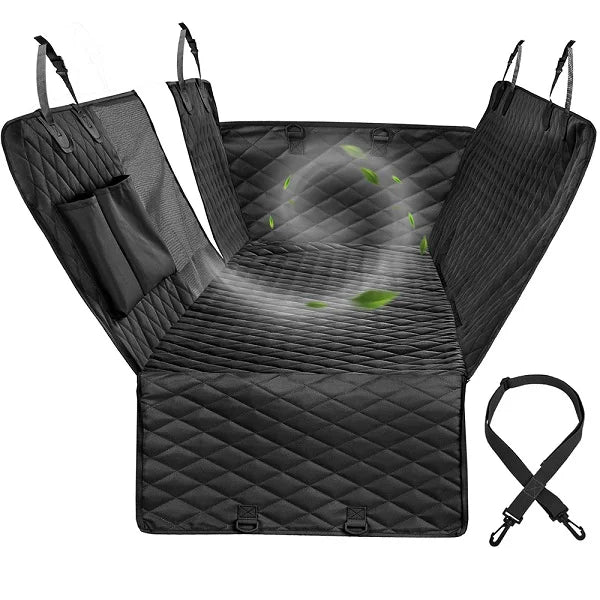 Black dog car seat barrier, versatile and durable, essential pet accessory for vehicle safety.