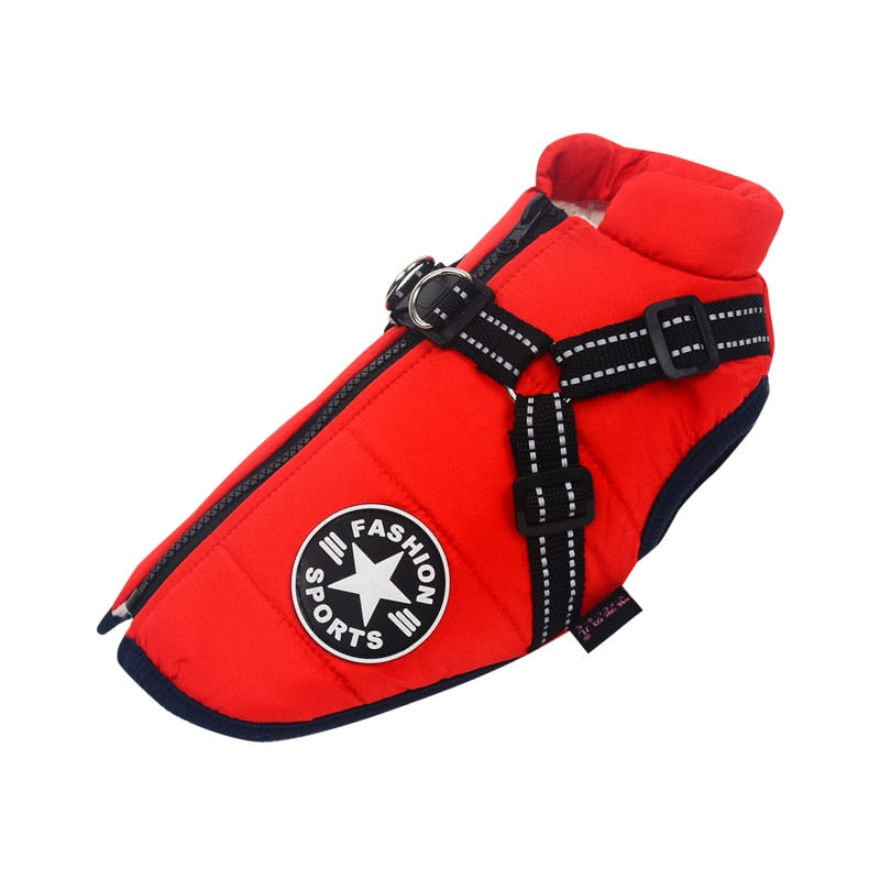 Three waterproof dog coats in different colors (black, red, blue) stacked, emphasizing warmth and easy maintenance.