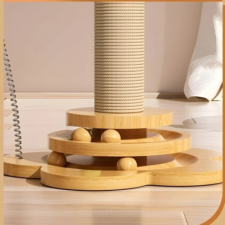 Wooden cat toy with a stable base and sisal scratching surface, an essential for pet supplies
