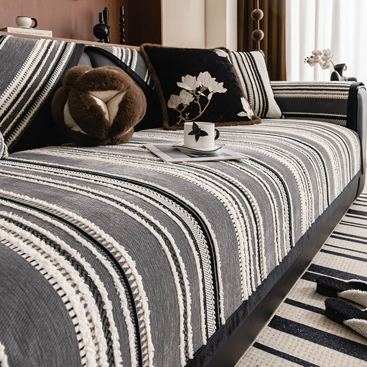 Vintage jacquard chenille couch cover in a cozy living room, non-slip design, furniture protector.