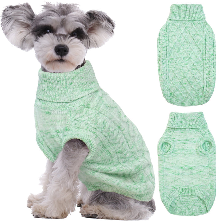 Close-up of a blue knitted dog turtleneck sweater, showing warm texture & comfort
