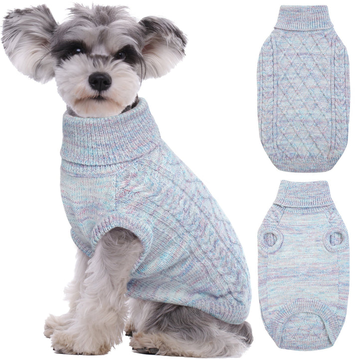 Orange knitted dog turtleneck sweater on a hanger, highlighting its warmth and stretch