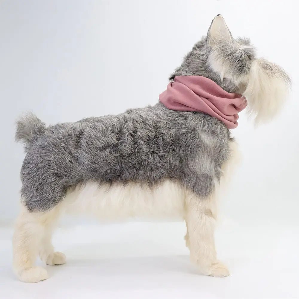 Soft grey dog snood with ear flaps providing stylish winter ear protection and anxiety relief
