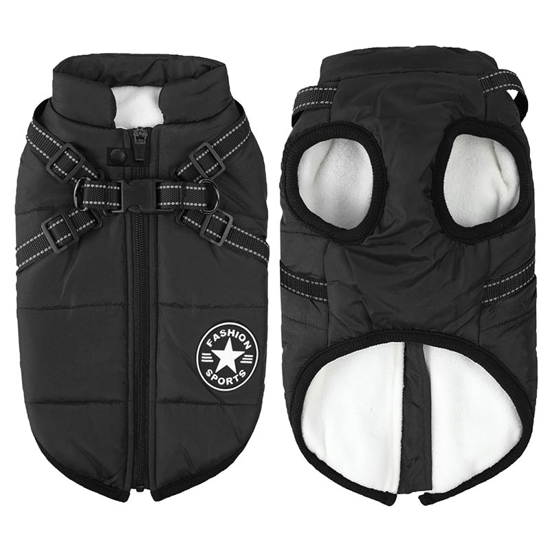 Outdoor dog gear: waterproof winter jacket with integrated harness, easy to put on and take off.