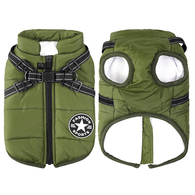 Red waterproof dog jacket with built-in harness, perfect for winter outdoor adventures.