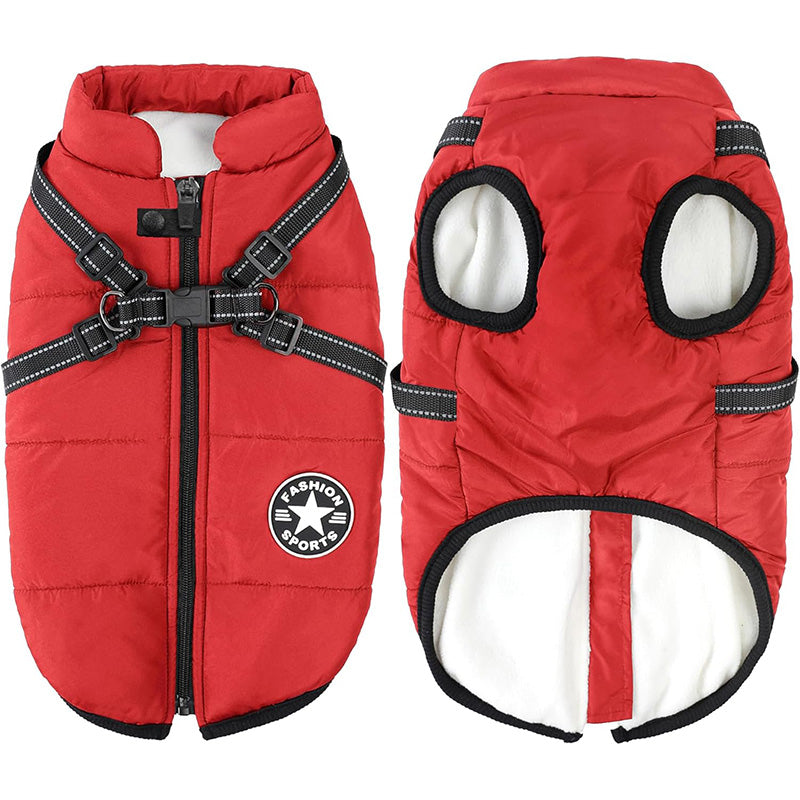 Stylish dog winter jacket with built-in harness, keeping pets cozy and dry on walks.