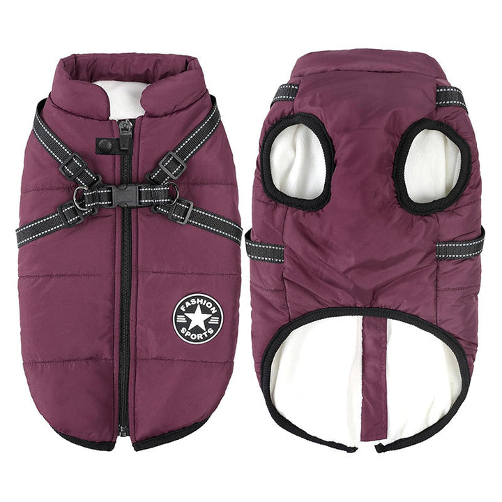 Heavy-duty waterproof dog coat with integrated harness for winter, fleece-lined for comfort.