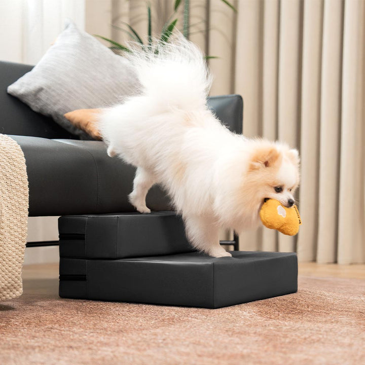 Multi-level pet stairs, waterproof PU leather, sturdy design for active dogs & cats.