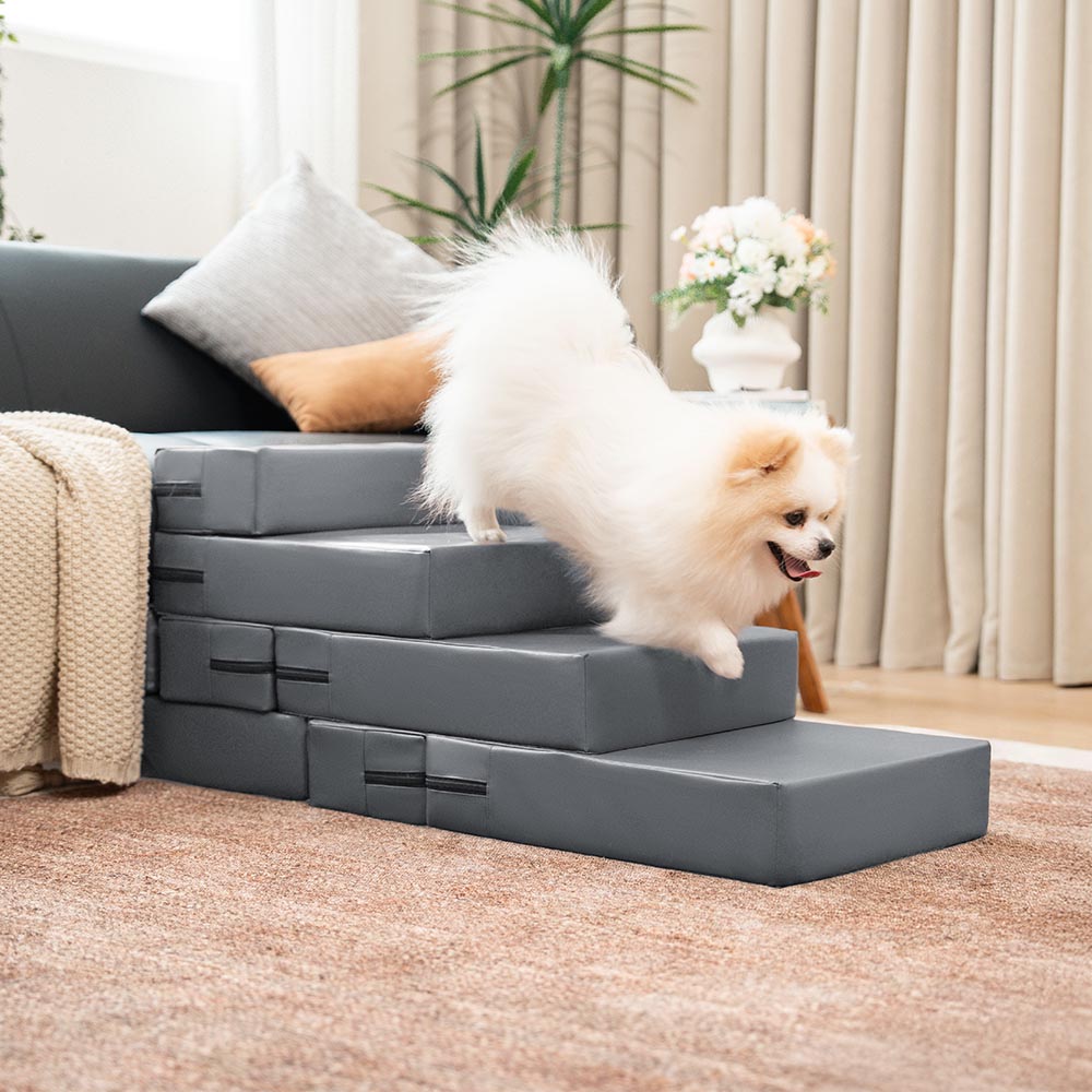 Pet stairs featuring waterproof faux leather, multi-level, and easy clean attributes.