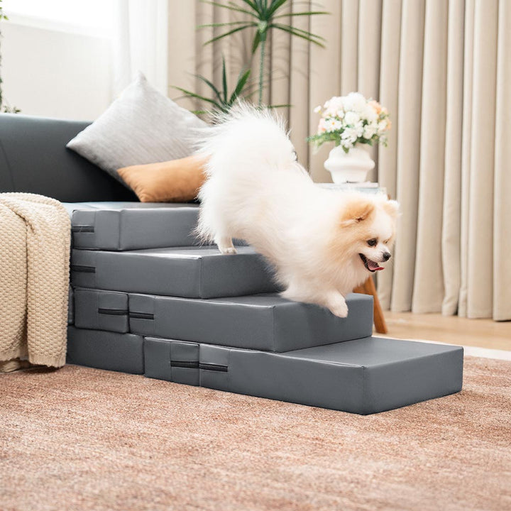 Pet stairs featuring waterproof faux leather, multi-level, and easy clean attributes.
