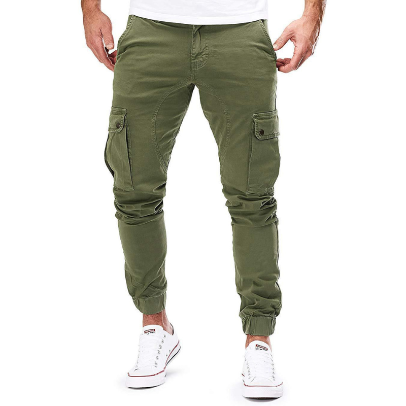Men's durable streetwear cargo pants in an urban style. Comfortable, easy-care utility trousers for modern casual wear.
