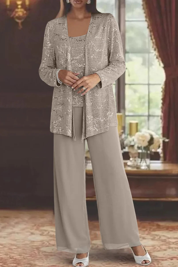 Sophisticated women's formal three-piece evening wear, perfect for upscale events, flowing design.