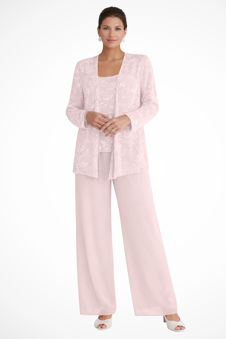Women's formal three-piece evening set. Elegant flowing silhouette. Perfect for special occasions.