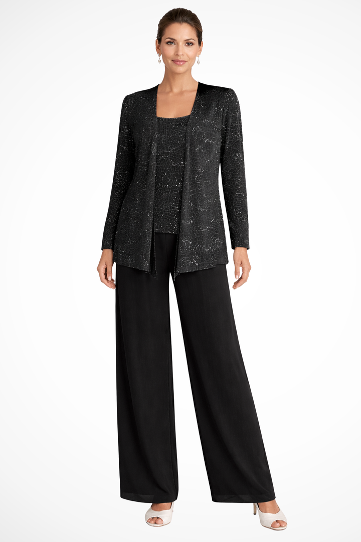 Complete women's formal three-piece set, an elegant evening outfit with a flowing silhouette.