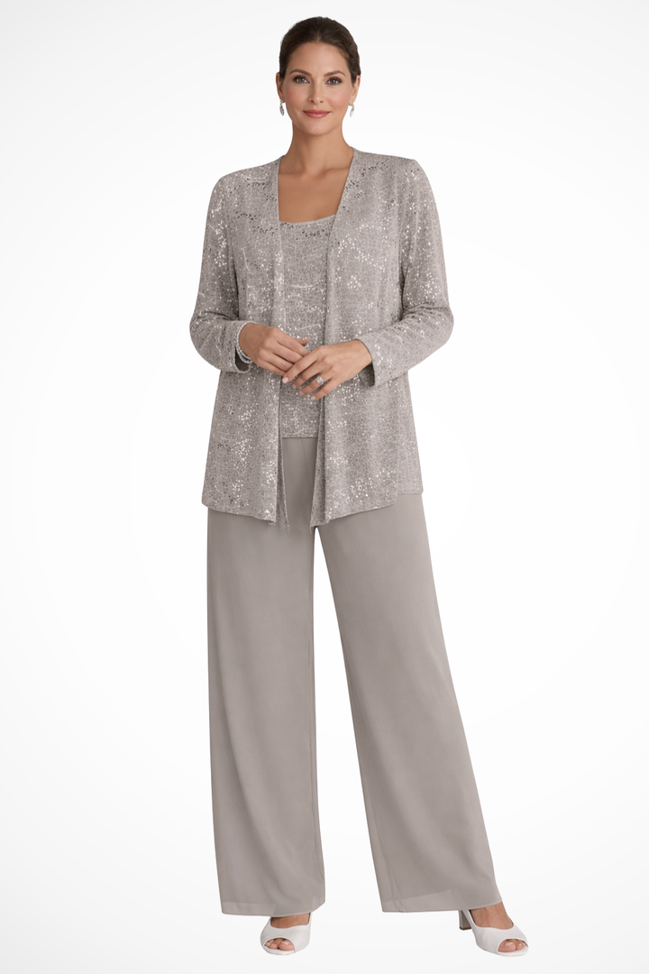Luxurious women's three-piece evening ensemble, a formal set with an elegant flowing silhouette.