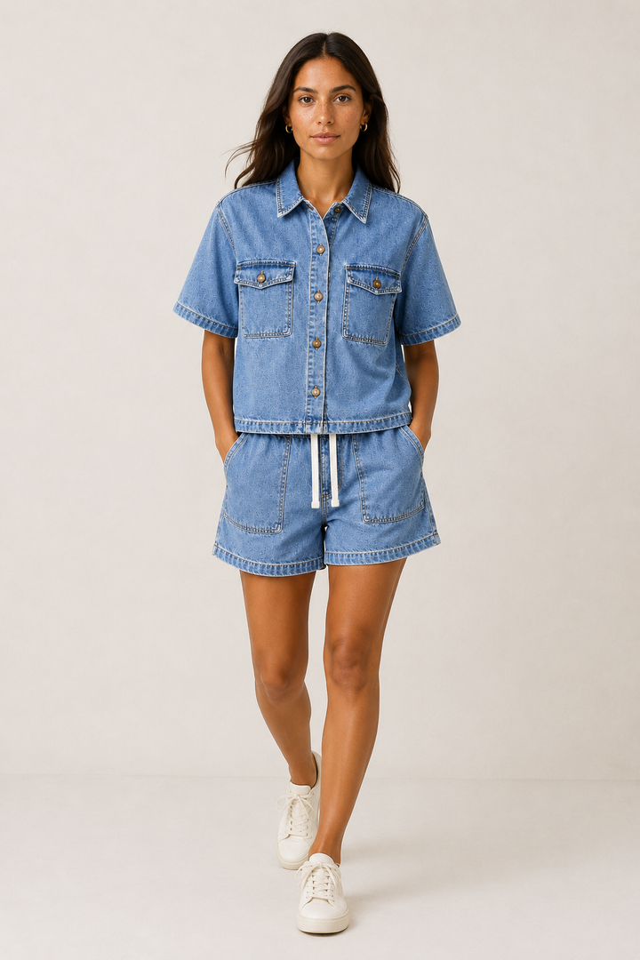 Casual women's denim shorts and short sleeve jacket set, ideal summer fashion clothing.
